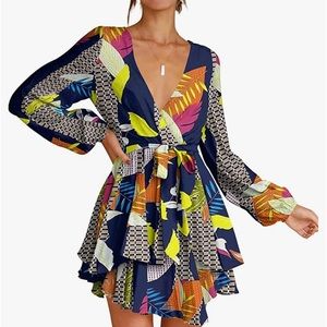 Women's Dress Deep V-Neck Long Sleeve Waist Tie Ruffle Mini Swing Skater…